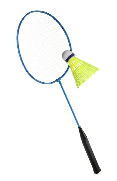 Badminton Racket Shuttlecock Witte Achtergrond Sportuitrusting — Stockfoto