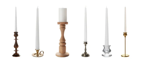 Set Con Diversi Candelabri Eleganti Sfondo Bianco Design Banner — Foto Stock