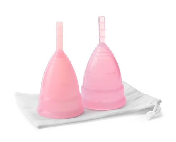Copos Menstruais Rosa Com Saco Algodão Fundo Branco — Fotografia de Stock