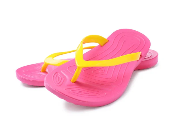 Een Paar Stijlvolle Roze Teenslippers Geïsoleerd Wit Strand Object — Stockfoto