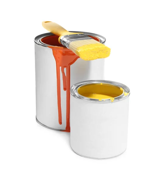 Cans Different Paints Brush White Background — Stock Photo, Image