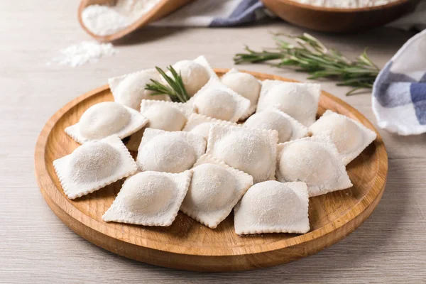 Uncooked Ravioli Rosemary White Wooden Table — 图库照片