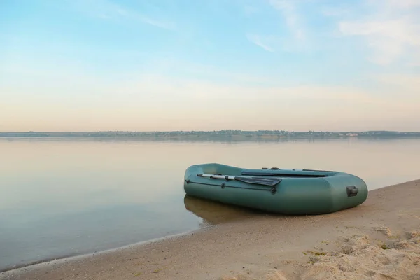 Inflatable Rubber Fishing Boat Sandy Beach River Space Text — 图库照片