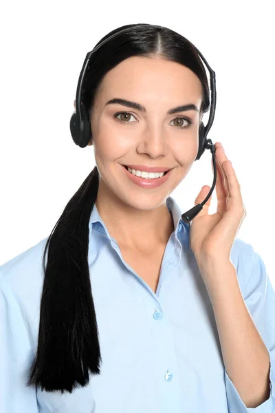 Schöne Junge Consultingmanagerin Mit Headset Auf Weißem Hintergrund — Stockfoto