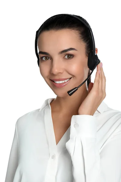 Mooie Jonge Consulting Manager Met Headset Witte Achtergrond — Stockfoto