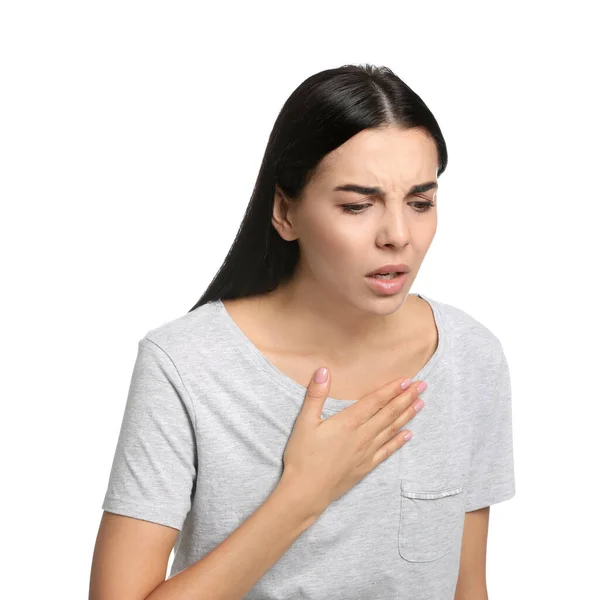 Mujer Joven Que Sufre Problemas Respiratorios Fondo Blanco —  Fotos de Stock
