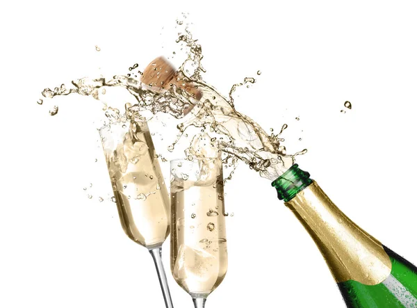 Sparkling Wine Splashing Out Bottle Glasses White Background — Stock Photo, Image