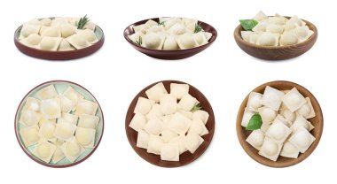 Beyaz arka planda pişmemiş ravioli ile ayarlayın. Pankart tasarımı