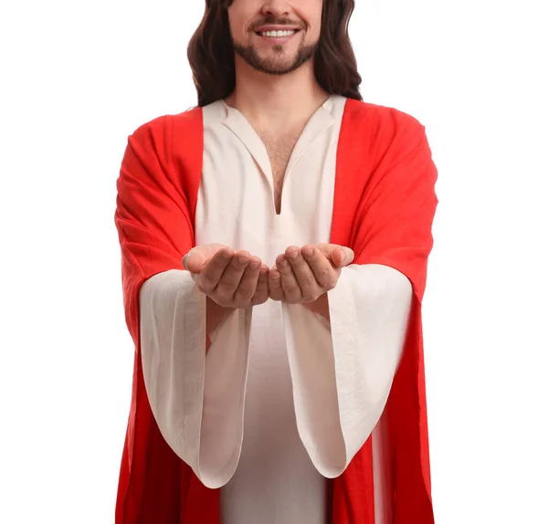 Jesus Christus Streckt Seine Hände Auf Weißem Hintergrund Aus Nahaufnahme — Stockfoto