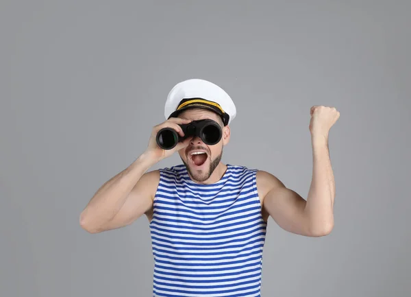 Happy Sailor Looking Binoculars Grey Background — Stock Photo, Image