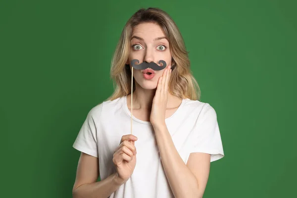Emotional Woman Fake Mustache Green Background — Stock Photo, Image