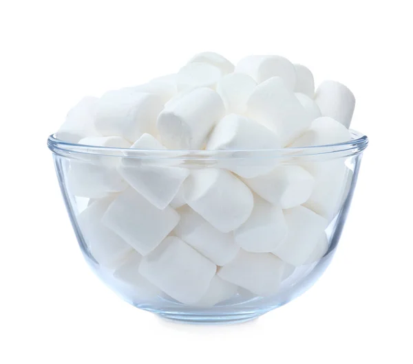 Deliciosos Marshmallows Inchados Tigela Vidro Fundo Branco — Fotografia de Stock