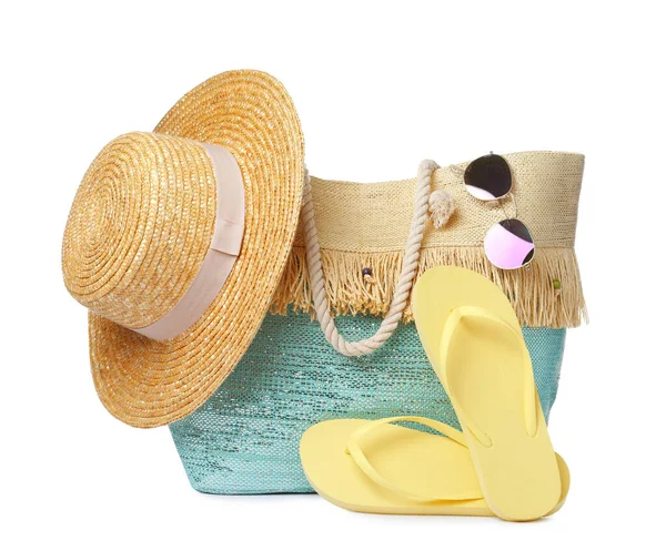 Stylish Bag Beach Accessories Isolated White — Stock Photo, Image