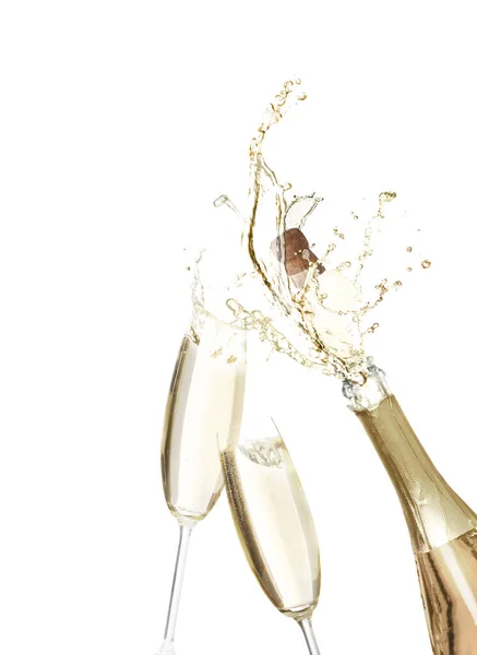 Sparkling Wine Splashing Out Bottle Glasses White Background — Stock Photo, Image