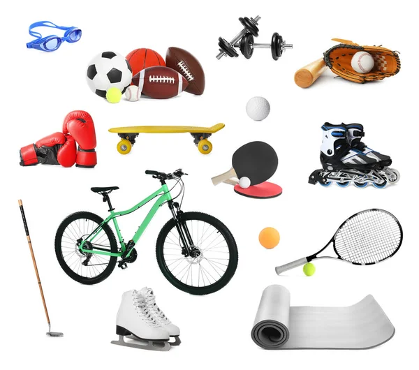 Set Mit Verschiedenen Sportgeräten Auf Weißem Hintergrund Aktiver Lebensstil — Stockfoto