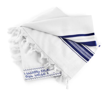 Tallit with text Blessed are You, Lord our God, King of the universe, who has sanctified us with His commandments, and commanded us to enwrap ourselves in Tzitzit in Hebrew isolated on white, top view. Garment for Rosh Hashanah celebration clipart