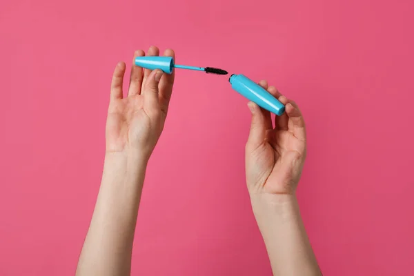 Woman Holding Mascara Eyelashes Bright Pink Closeup — Stock Photo, Image