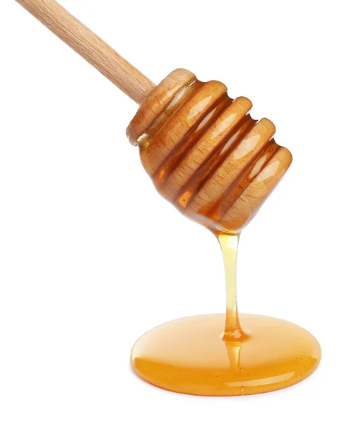 Honung Droppar Från Dipper Vit Bakgrund — Stockfoto