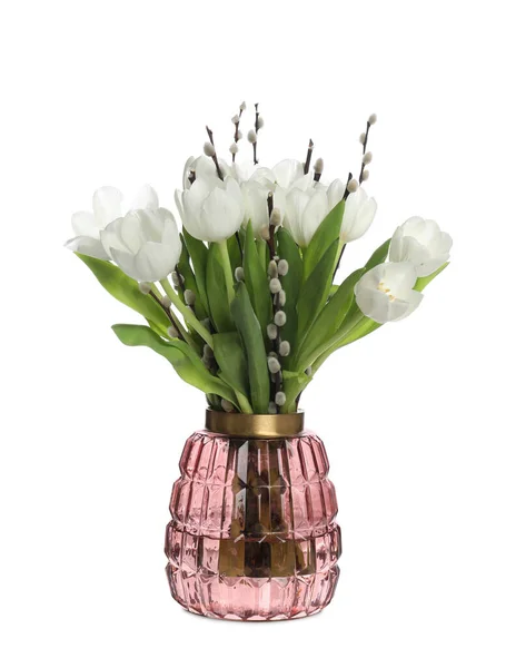 Bellissimo Bouquet Rami Salice Tulipani Vaso Isolato Bianco — Foto Stock