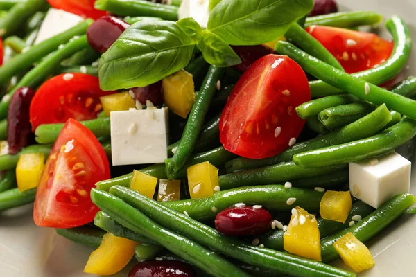 Ensalada Sabrosa Con Judías Verdes Como Fondo Primer Plano —  Fotos de Stock