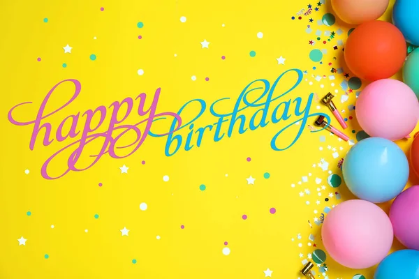 Gelukkige Verjaardag Platte Lay Compositie Met Ballonnen Confetti Gele Achtergrond — Stockfoto
