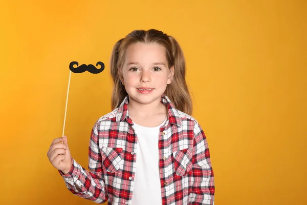 Little Girl Fake Mustache Yellow Background — 스톡 사진