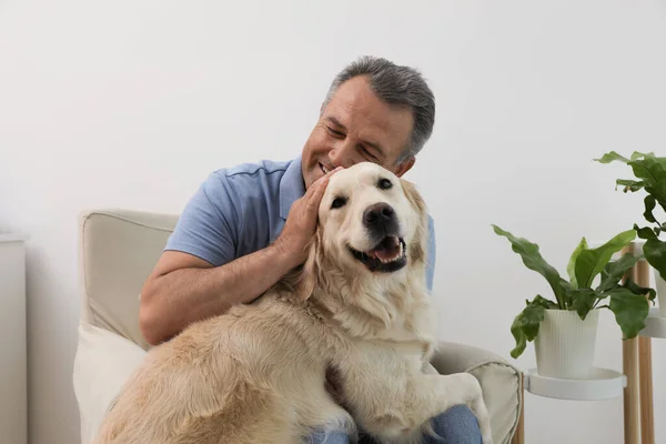 Happy Senior Man His Golden Retriever Dog Home — Photo