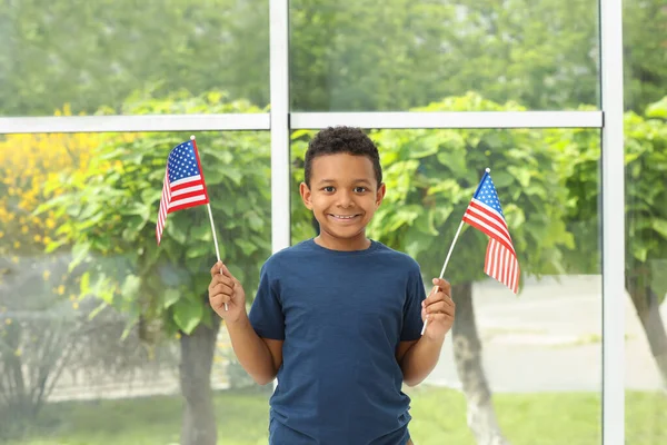 Happy African American Boy Holding National Flags Window Indoors — Foto de Stock