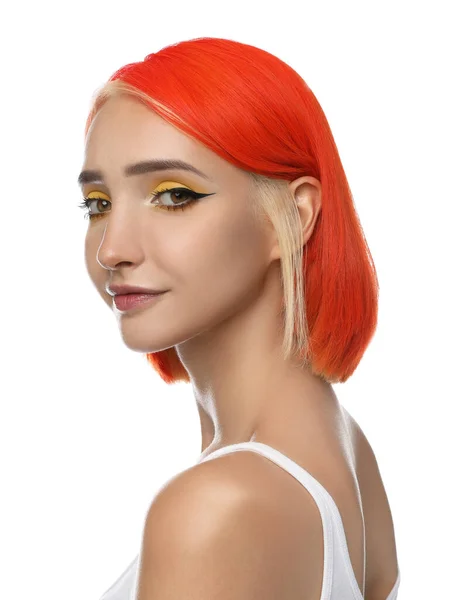 Beautiful Young Woman Bright Dyed Hair White Background — Stock Photo, Image