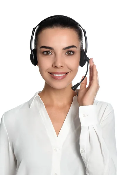 Hermosa Joven Gerente Consultoría Con Auriculares Sobre Fondo Blanco — Foto de Stock