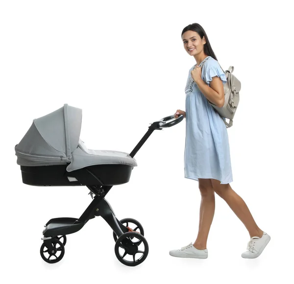 Gelukkig Jong Vrouw Met Baby Kinderwagen Wit Achtergrond — Stockfoto