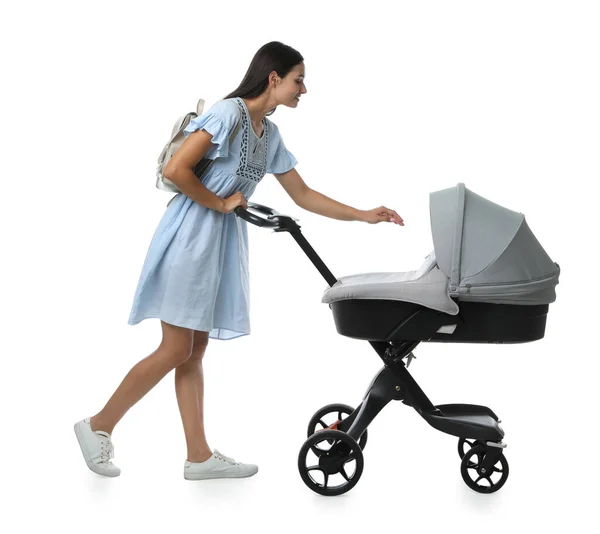 Gelukkig Jong Vrouw Met Baby Kinderwagen Wit Achtergrond — Stockfoto