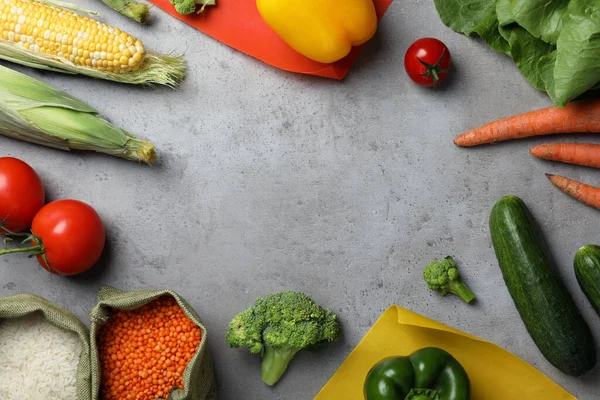 框架不同的新鲜蔬菜和种子在灰色的桌子上 案文的篇幅 — 图库照片