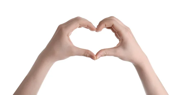 Woman Making Heart Her Hands White Background Closeup Stock Photo