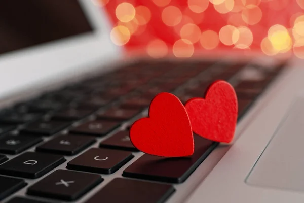 Decorative Hearts Laptop Keyboard Closeup Online Dating Concept Stock Photo
