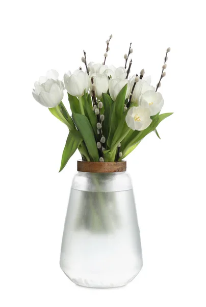 Beautiful Bouquet Willow Branches Tulips Vase Isolated White — Stock Photo, Image