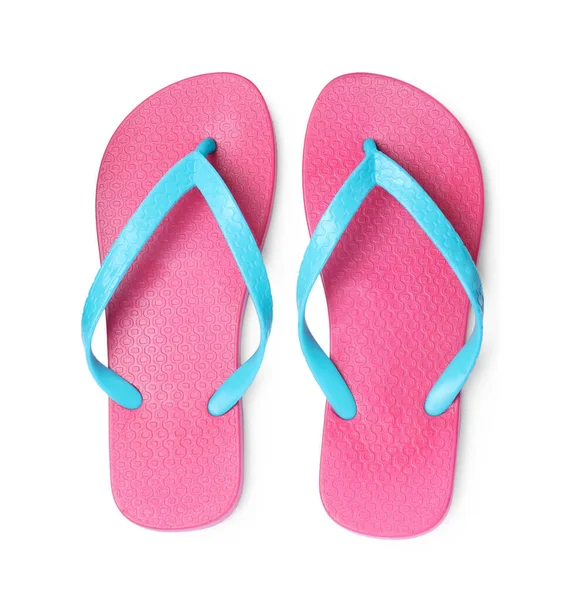 Een Paar Stijlvolle Roze Teenslippers Geïsoleerd Wit Bovenaanzicht — Stockfoto