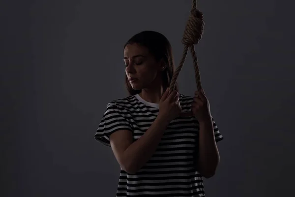 Depressed Woman Rope Noose Grey Background — Stock Photo, Image