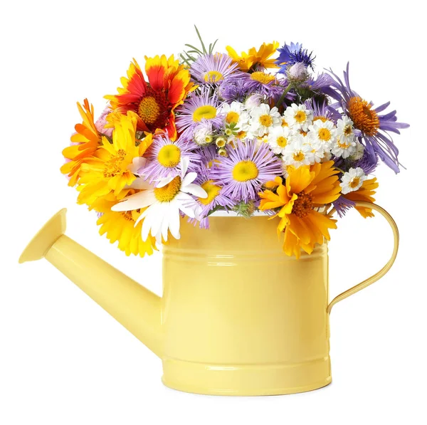 Gelbe Gießkanne Mit Schönen Blüten Isoliert Auf Weiß — Stockfoto