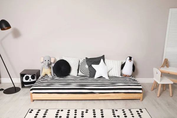 Cute Kids Room Stylish Comfortable Floor Bed Toys Montessori Interior — Stock Photo, Image