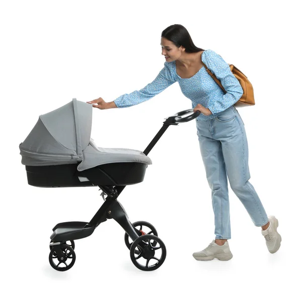 Gelukkig Jong Vrouw Met Baby Kinderwagen Wit Achtergrond — Stockfoto