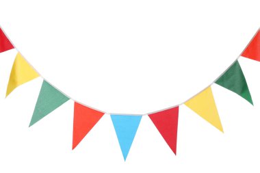 Beyaz arka planda renkli üçgen bayraklar olan bir kiraz kuşu. Şenlik Dekoru