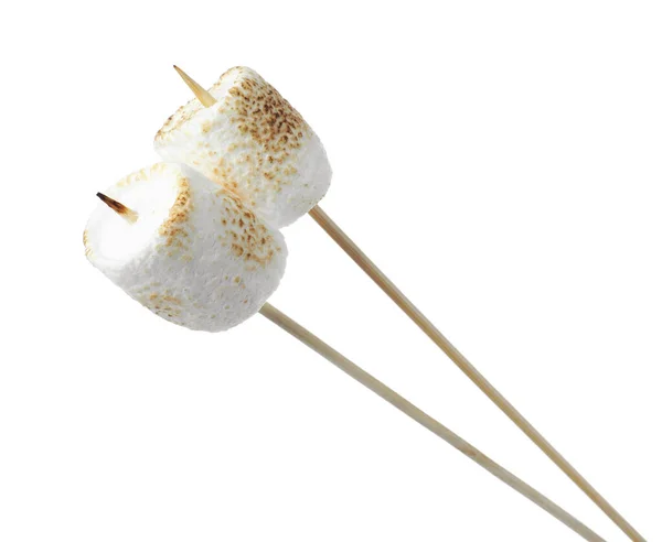 Varas Com Marshmallows Assados Fundo Branco — Fotografia de Stock