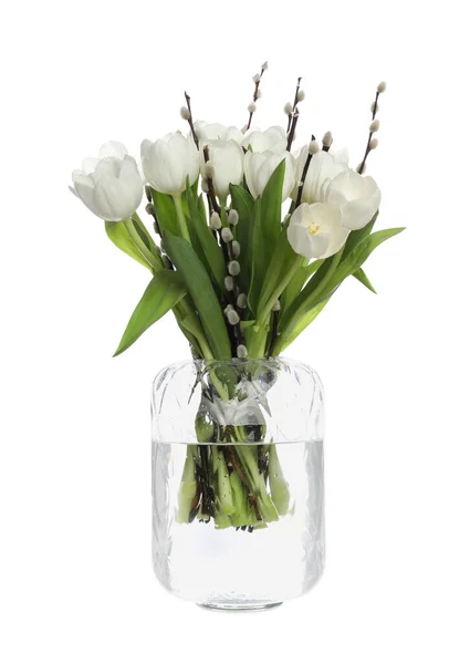 Bellissimo Bouquet Rami Salice Tulipani Vaso Isolato Bianco — Foto Stock