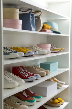 Renkli spor ayakkabıları ve aksesuarları olan beyaz raf ünitesi