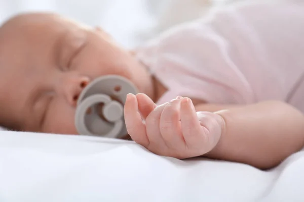 Cute Little Baby Pacifier Sleeping Home Focus Hand — Stock Photo, Image