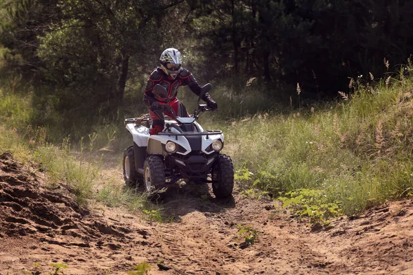 Hombre Conducción Moderna Quad Bike Camino Arenoso Cerca Del Bosque —  Fotos de Stock