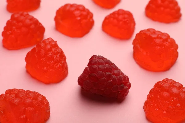 Delicious Gummy Candies Fresh Raspberry Pink Background Closeup — Stock Photo, Image