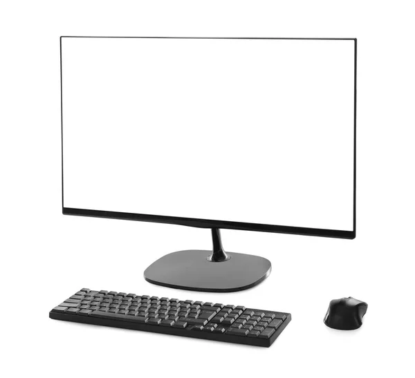 Moderno Monitor Ordenador Con Pantalla Negra Teclado Ratón Sobre Fondo —  Fotos de Stock