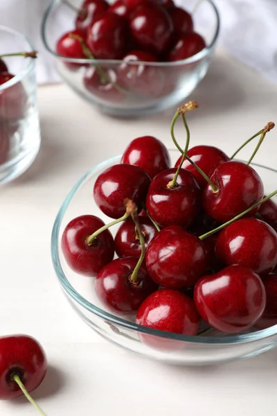 Sweet Red Cherries Bowl White Wooden Table — Stock Photo, Image